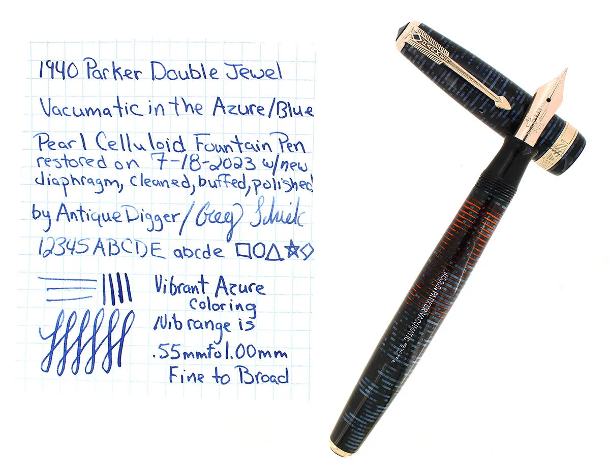 1940 PARKER VACUMATIC AZURE PEARL DOUBLE JEWEL MAJOR FOUNTAIN PEN RESTORED