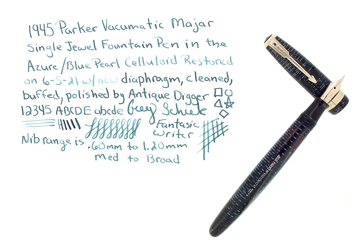 1945 PARKER VACUMATIC MAJOR AZURE BLUE PEARL FOUNTAIN PEN RESTORED