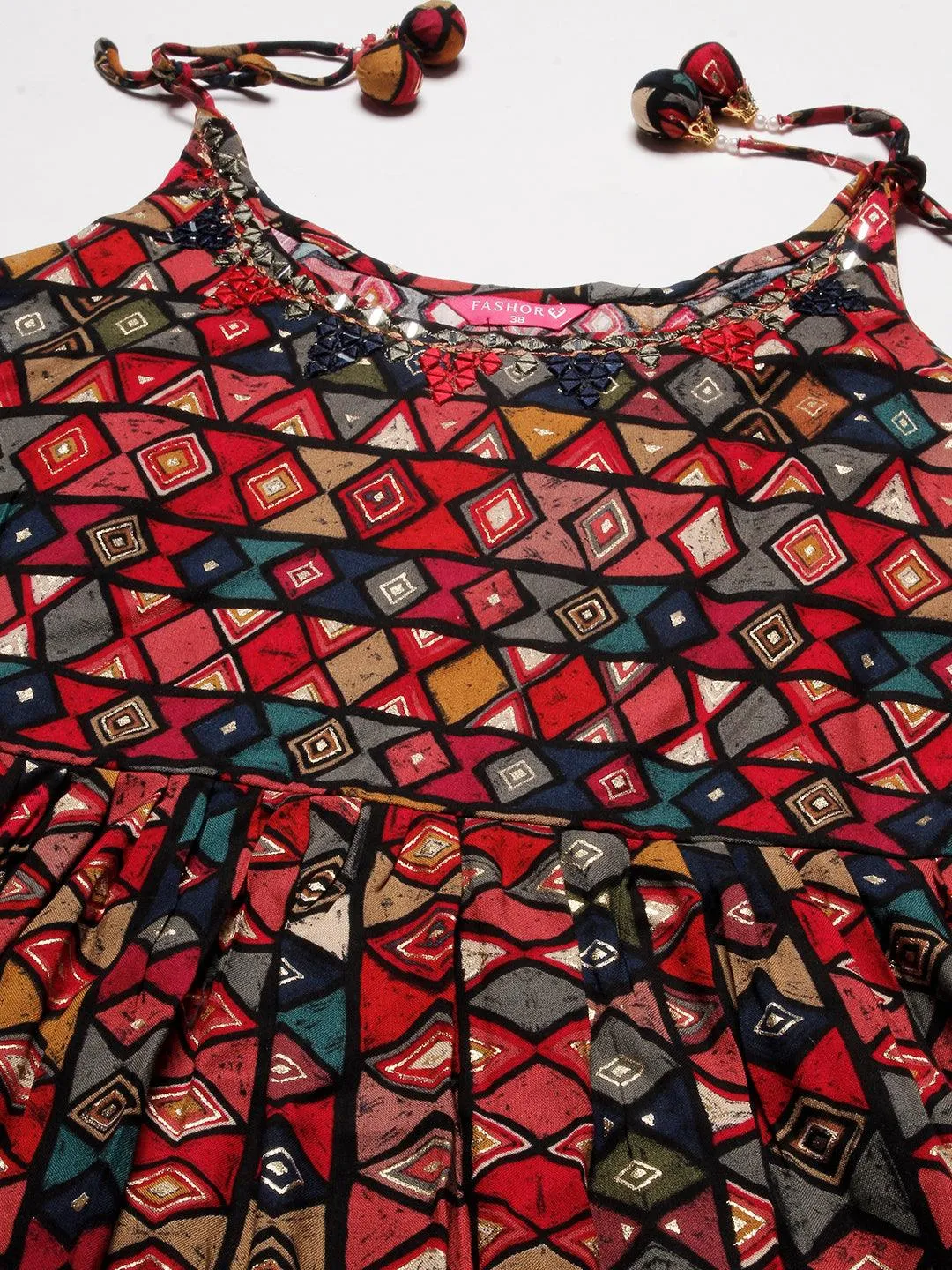 Abstract Geometric Foil Printed A-Line Fit & Flare Midi Dress with Belt - Multi