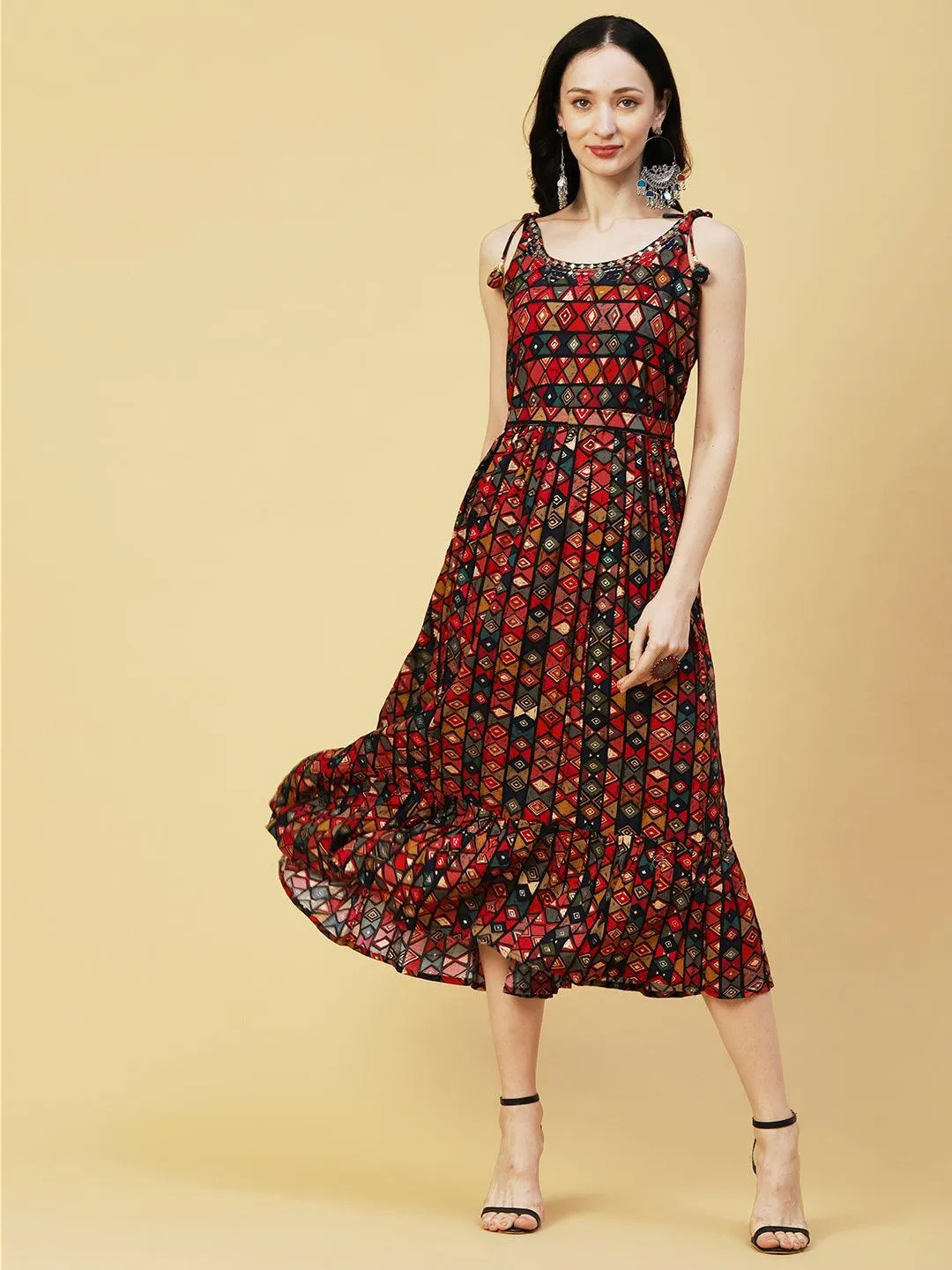 Abstract Geometric Foil Printed A-Line Fit & Flare Midi Dress with Belt - Multi