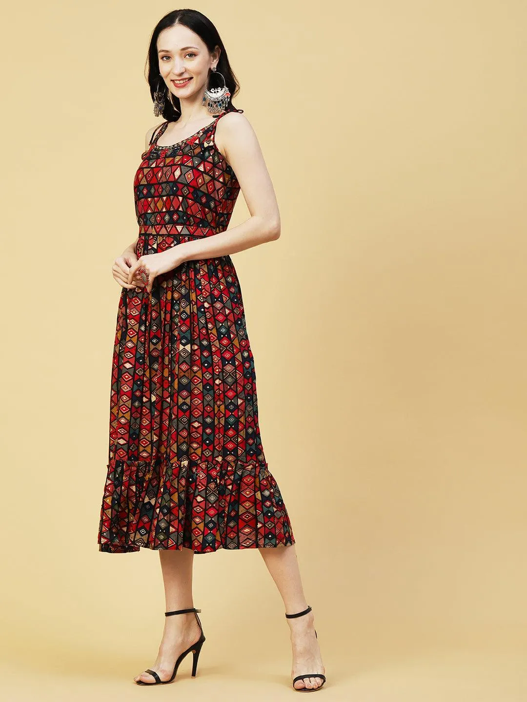 Abstract Geometric Foil Printed A-Line Fit & Flare Midi Dress with Belt - Multi