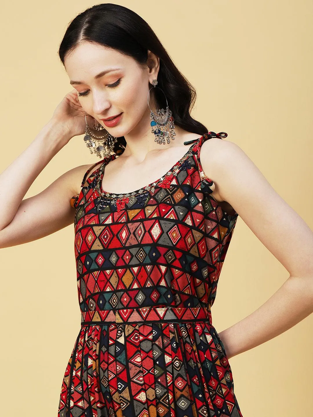 Abstract Geometric Foil Printed A-Line Fit & Flare Midi Dress with Belt - Multi