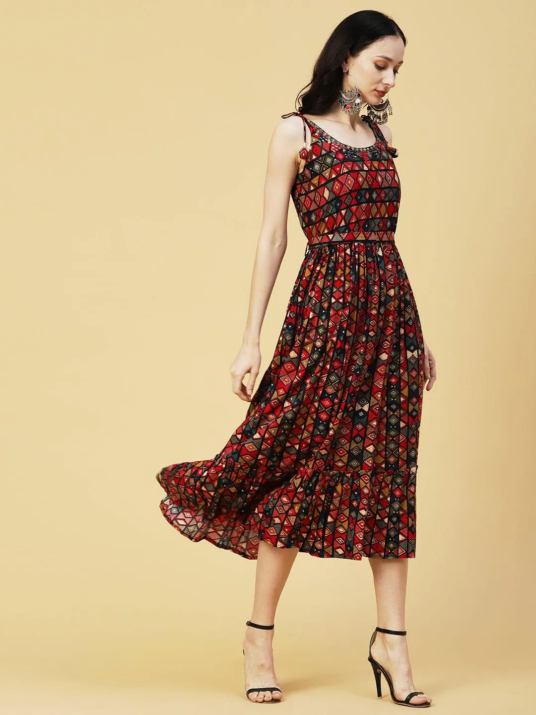 Abstract Geometric Foil Printed A-Line Fit & Flare Midi Dress with Belt - Multi