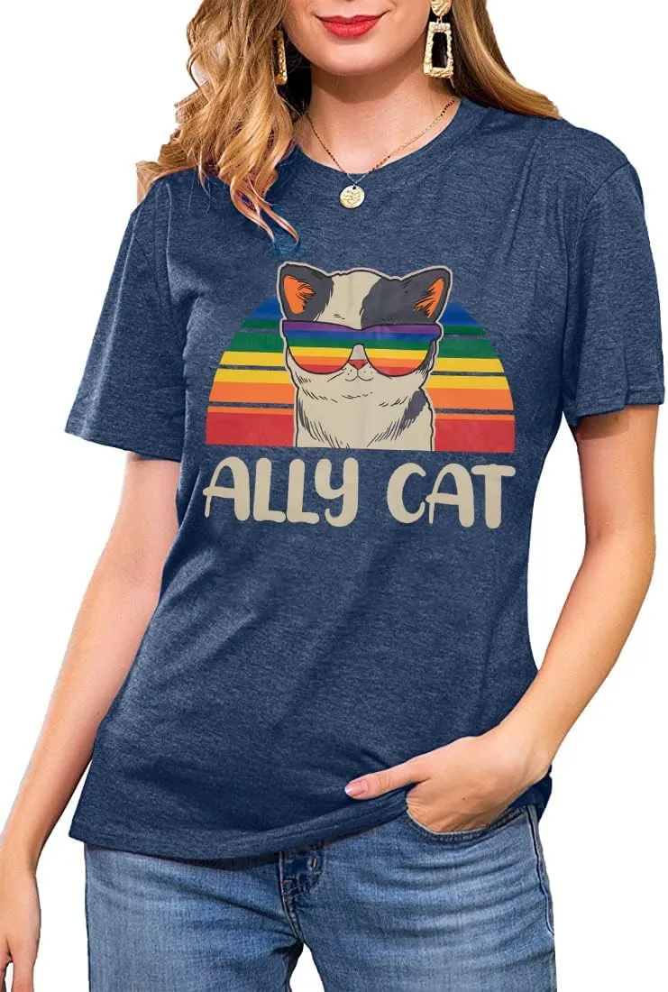 Ally Cat Shirt for Women Pride Tshirt LGBT Gay Shirts Cat Pride T-Shirt Rainbow Graphic Tee Tops