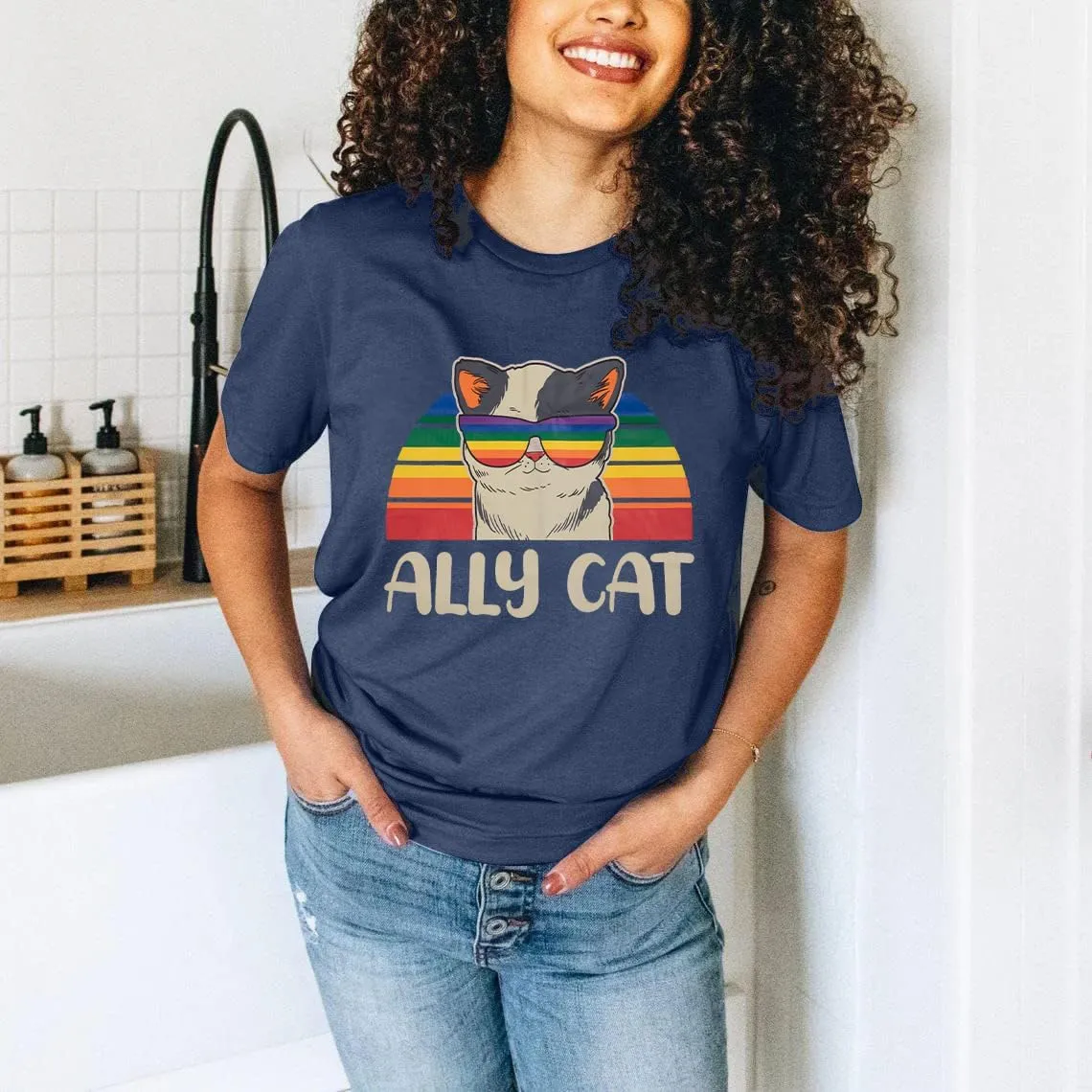 Ally Cat Shirt for Women Pride Tshirt LGBT Gay Shirts Cat Pride T-Shirt Rainbow Graphic Tee Tops