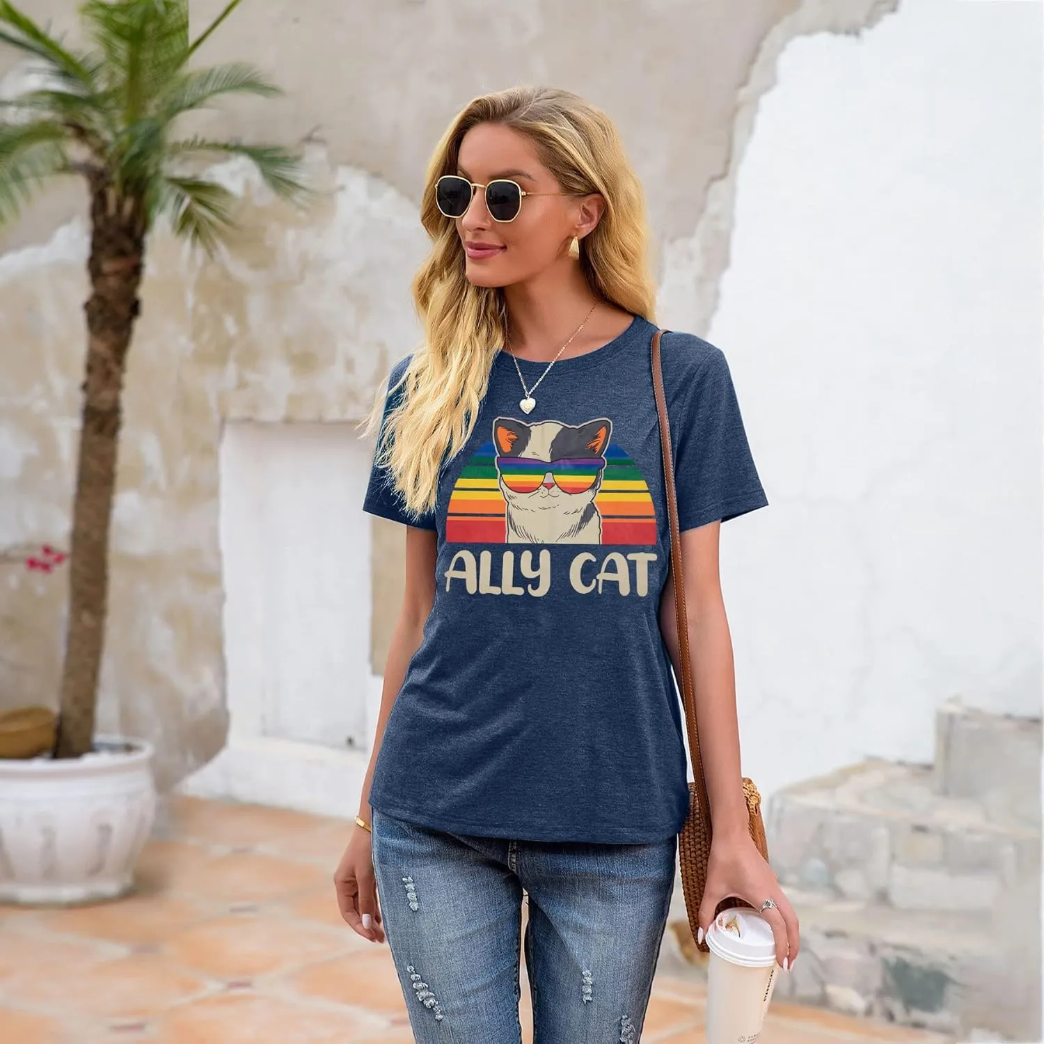 Ally Cat Shirt for Women Pride Tshirt LGBT Gay Shirts Cat Pride T-Shirt Rainbow Graphic Tee Tops