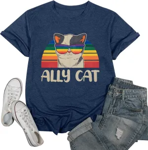 Ally Cat Shirt for Women Pride Tshirt LGBT Gay Shirts Cat Pride T-Shirt Rainbow Graphic Tee Tops