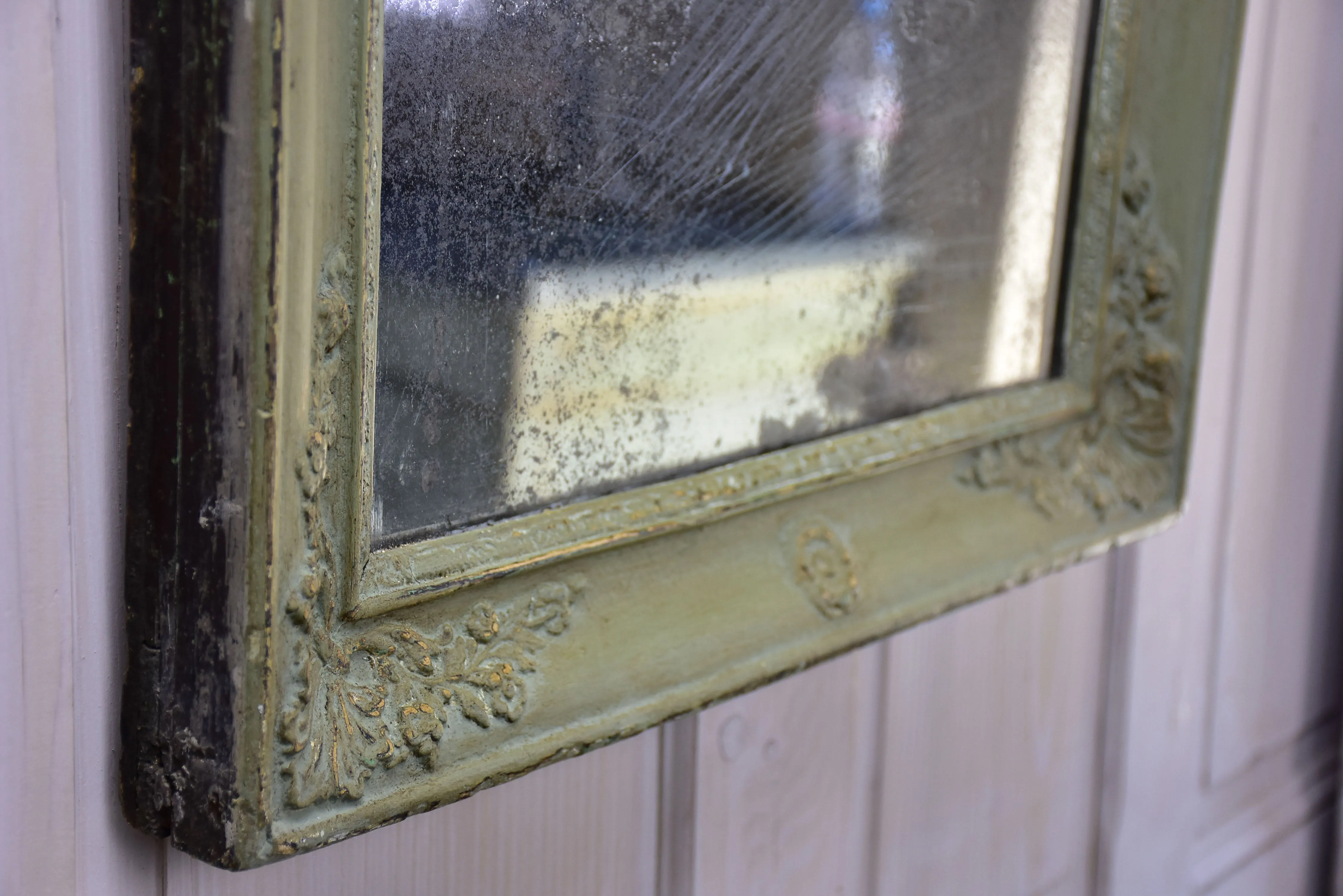 Antique French Directoire mirror with green patina 20 ¾'' x 26”