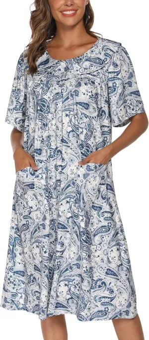 AVIIER House Dress Women Short Sleeve Mumu Lounge Dresses Patio Nightgowns with Pockets