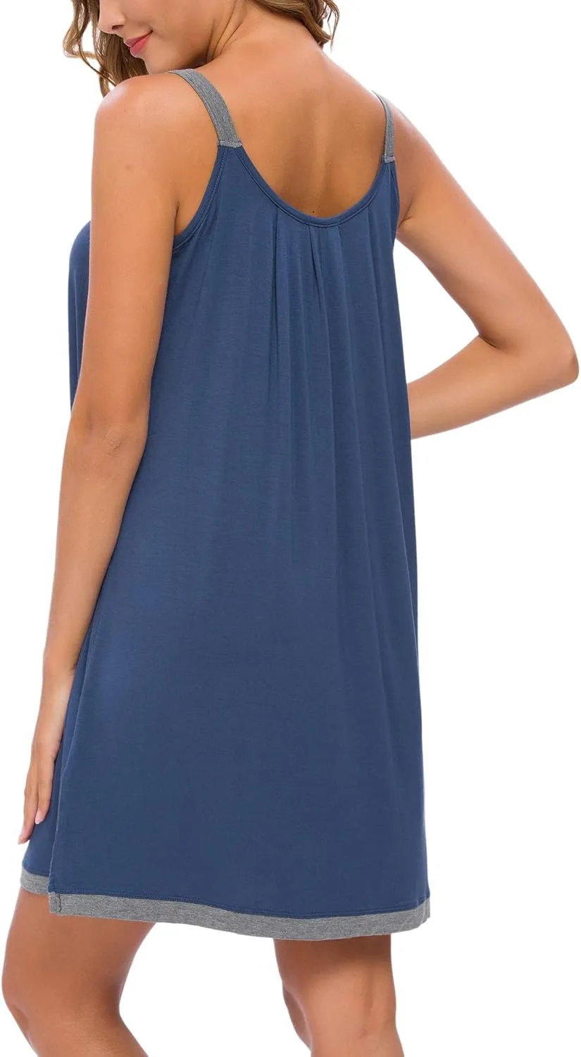 AVIIER Womens Nightgown Soft Cotton Sleeveless Sleep Shirts Wide Strap Nightshirts Full Slip Sleepwear