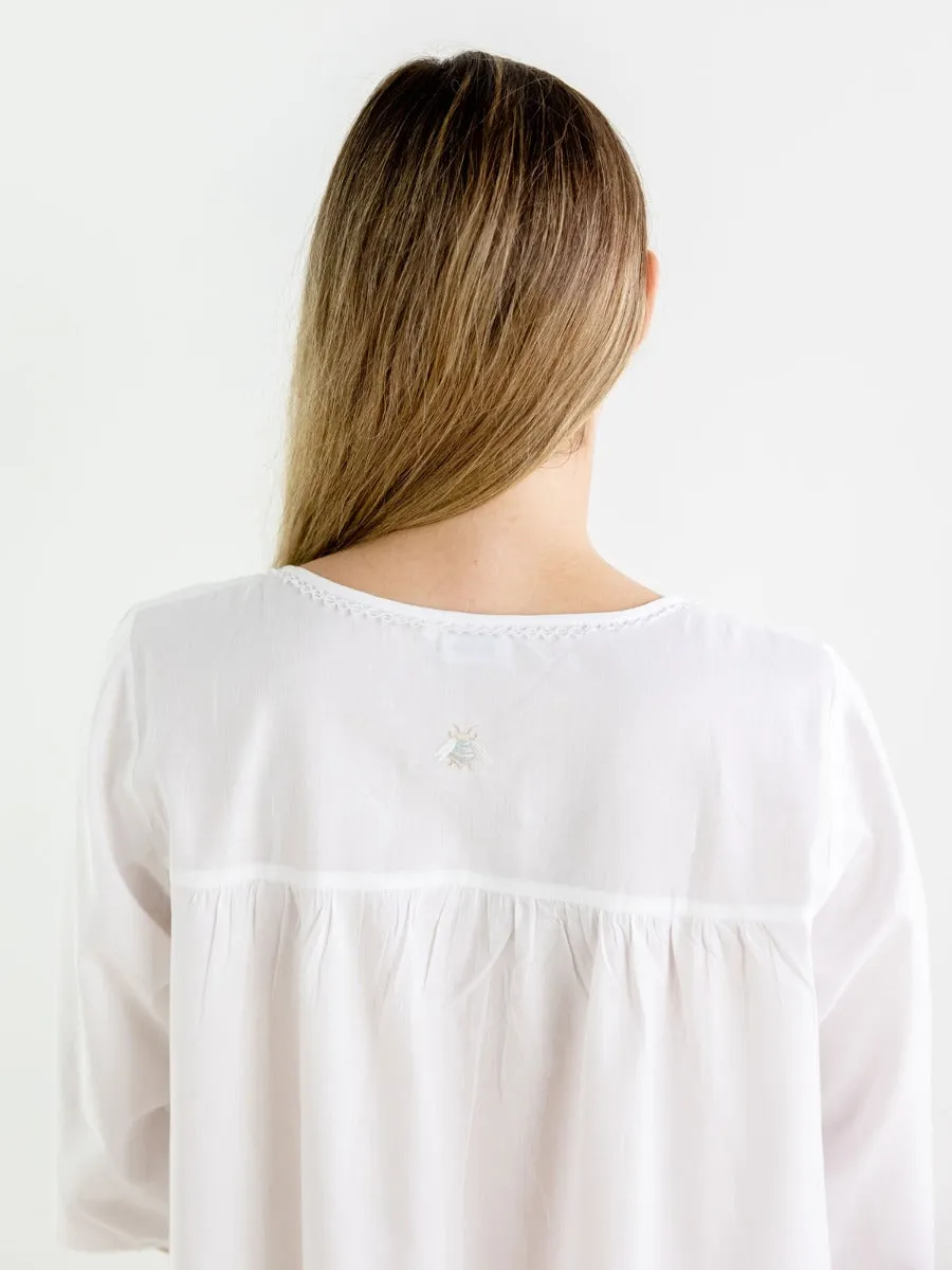 Bee White Cotton Nightgown, Embroidered