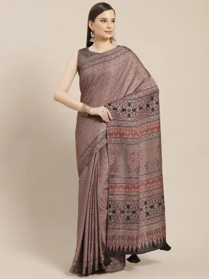 Beige and Red Floral Digital Print Saree