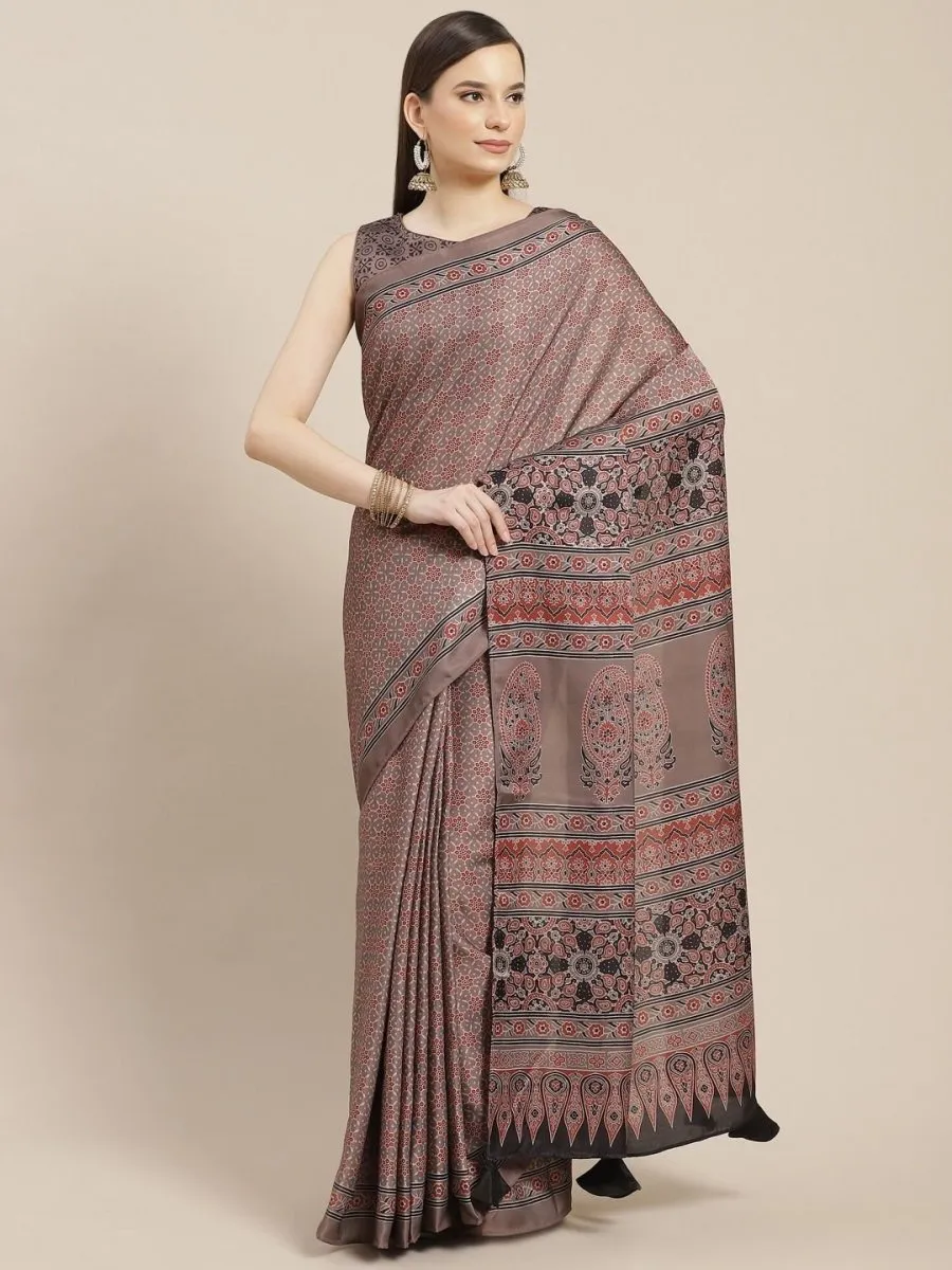 Beige and Red Floral Digital Print Saree