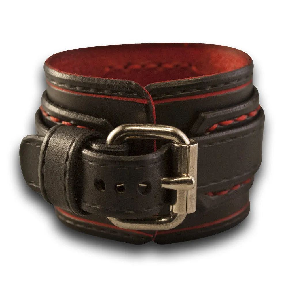 Black & Red Layered Leather Cuff Watch with Red Stitching