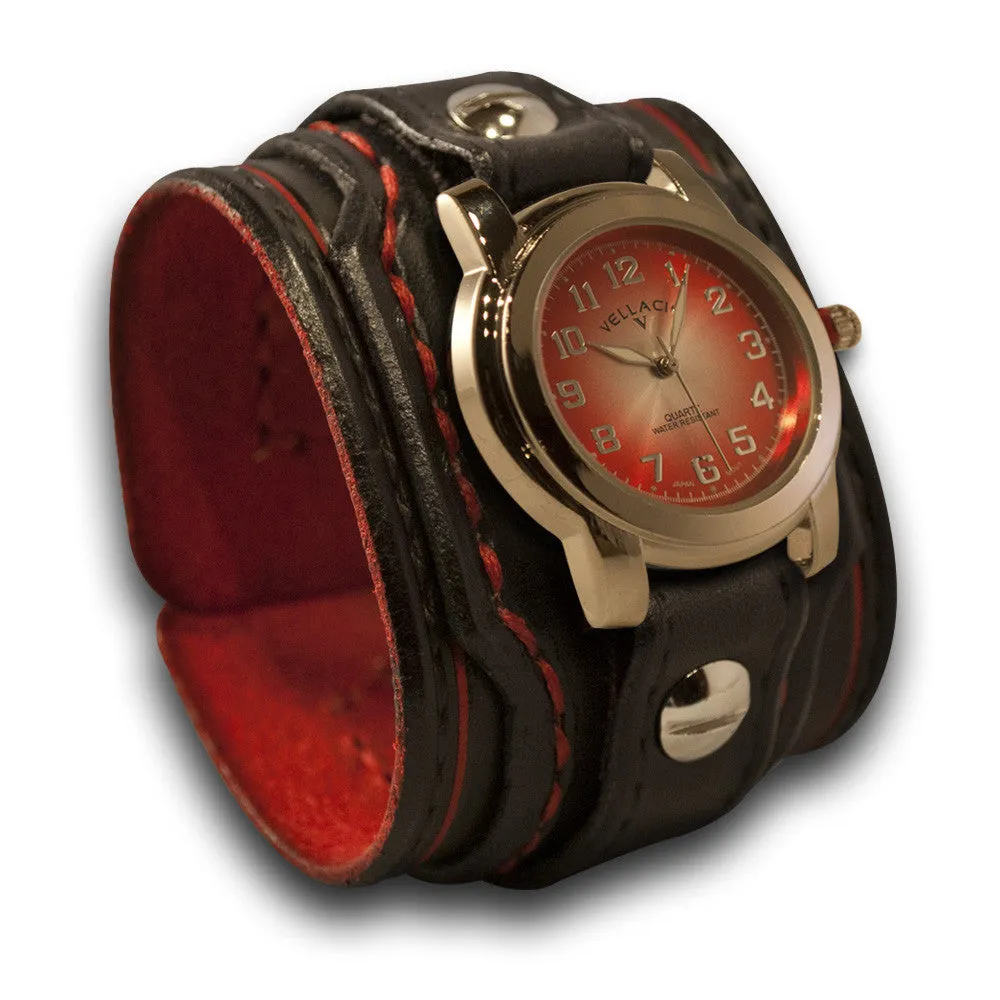 Black & Red Layered Leather Cuff Watch with Red Stitching