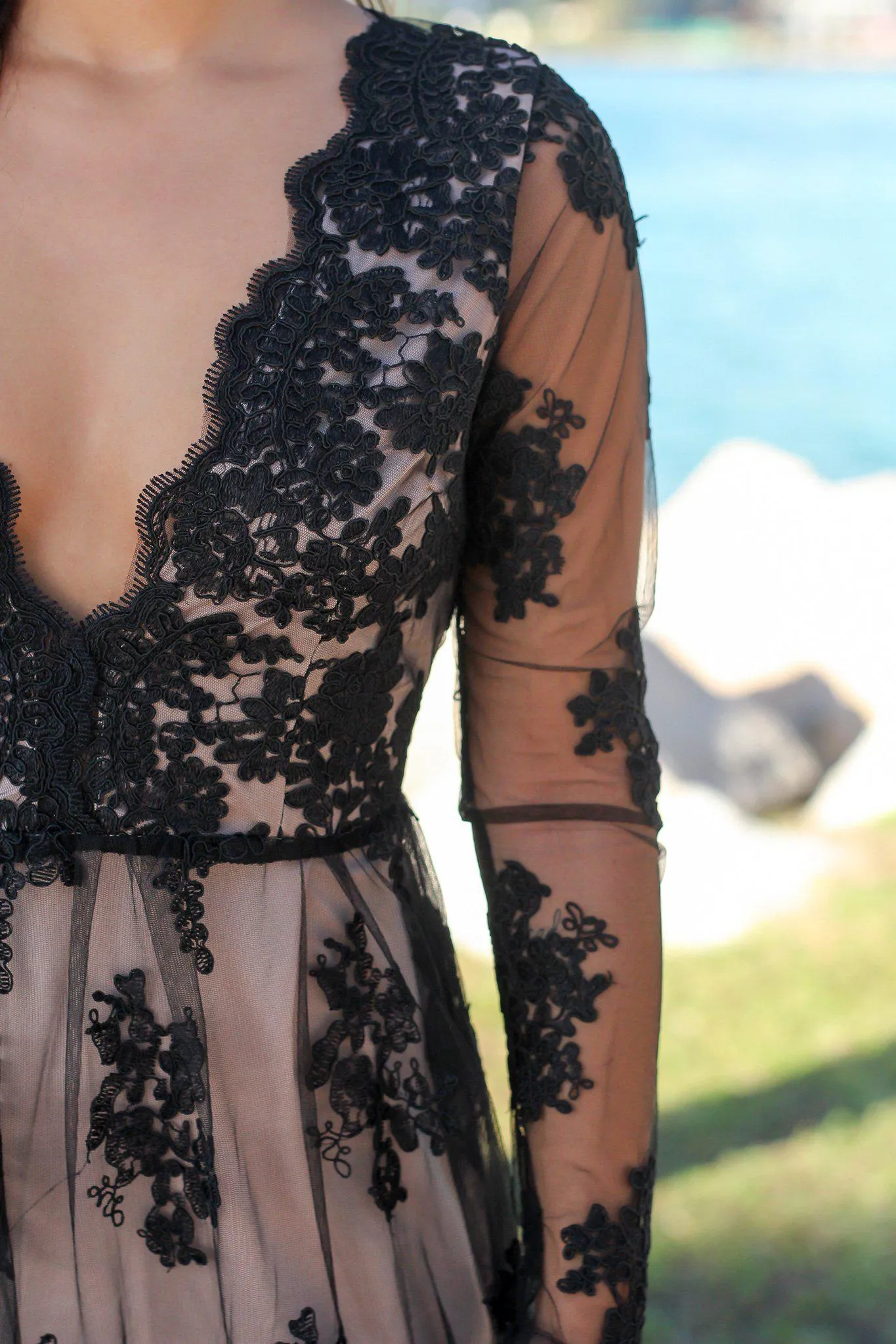 Black Embroidered Maxi Dress with Long Sleeves