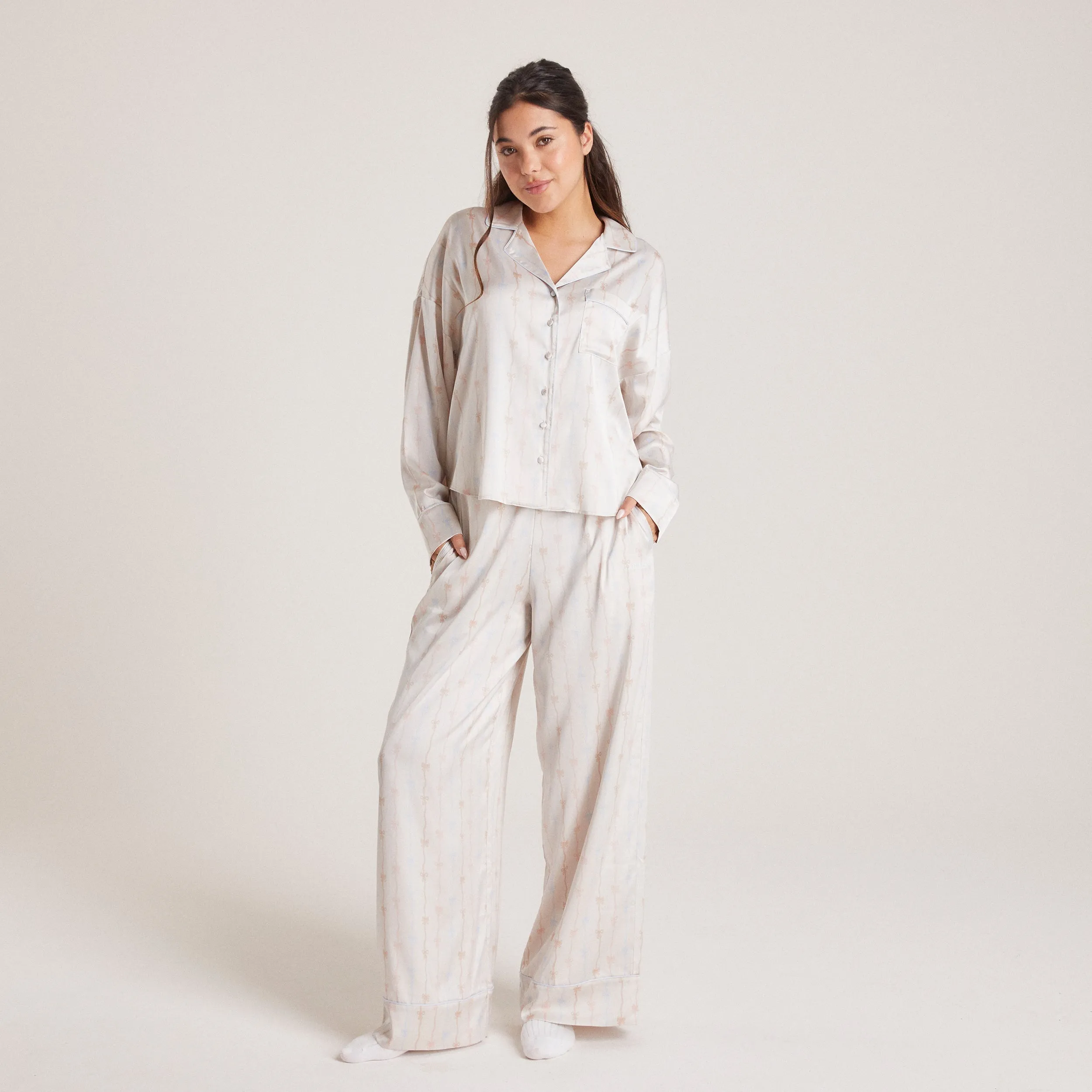 Bow Satin Pyjama Shirt - Pearl