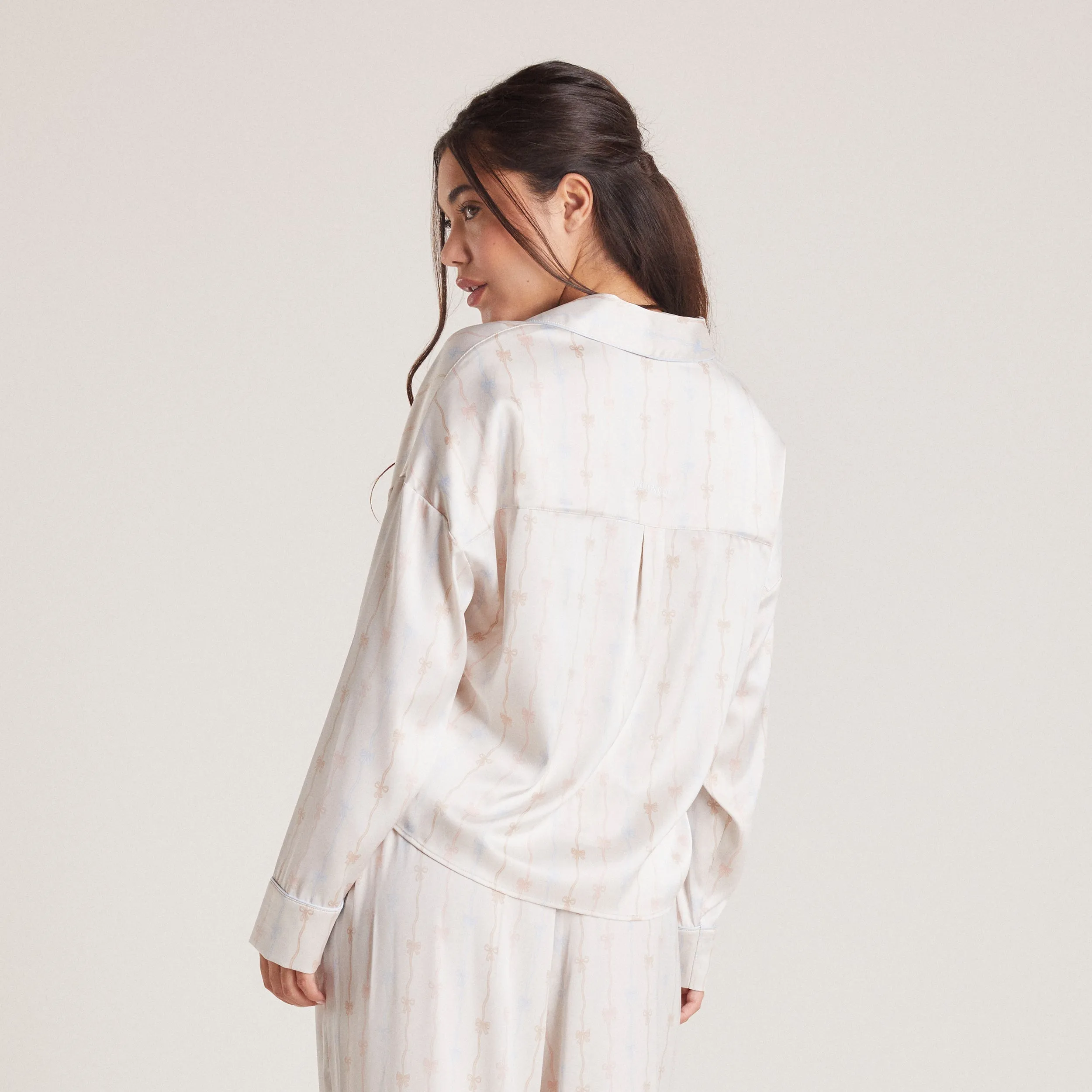 Bow Satin Pyjama Shirt - Pearl