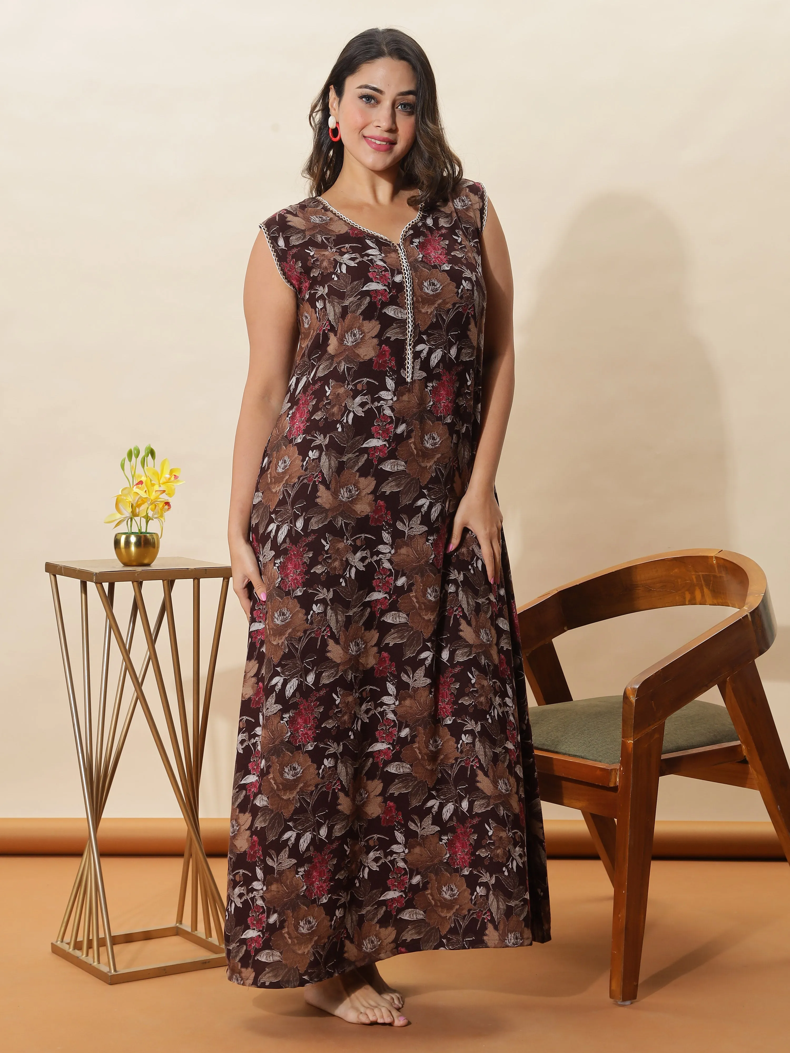 Brown Floral Sleeveless Nighty With Cozy A-Line Nightgown with Extra Sleeves