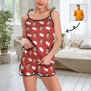 Custom Face Love Red Women's Sexy Cami Pajama Personalized Sleepwear Set Honeymoon Gift for Her