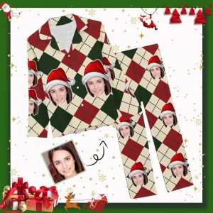 Custom Face Pajamas Red&Green Argyle Sleepwear Personalized Women's Slumber Party Long Pajama Set