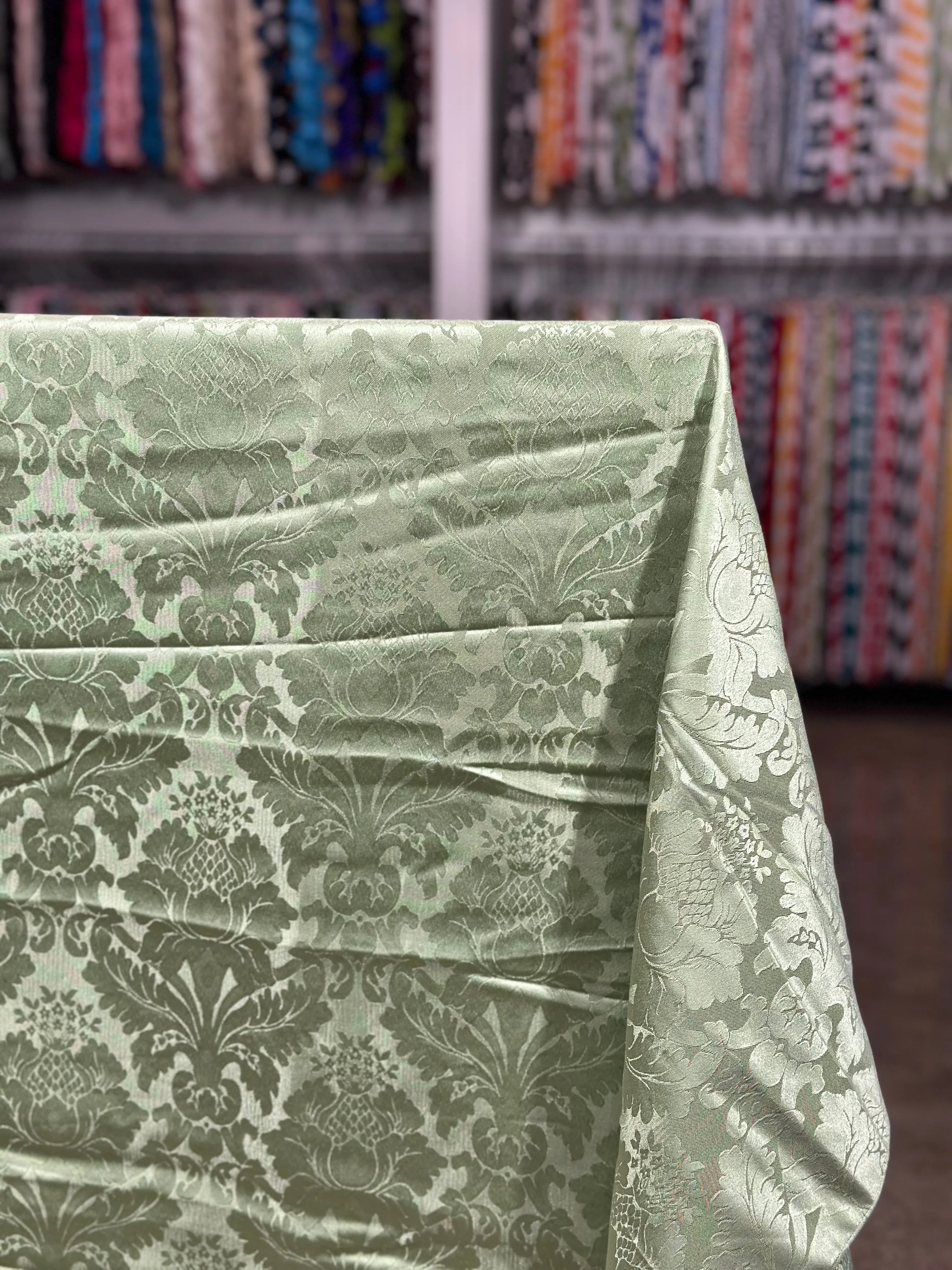 Damask Poly Table Linen in Sage 1152