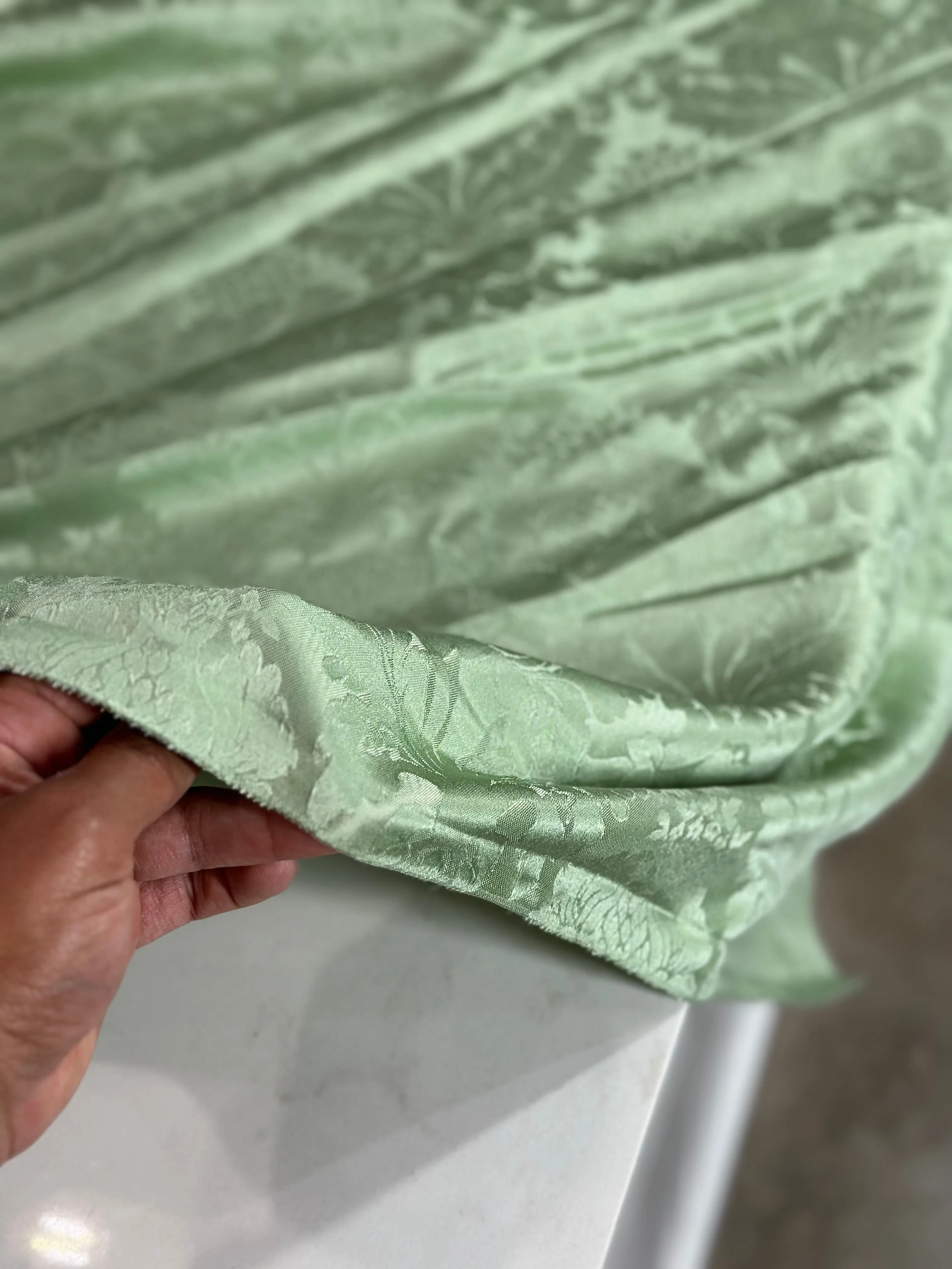 Damask Poly Table Linen in Sage 1152