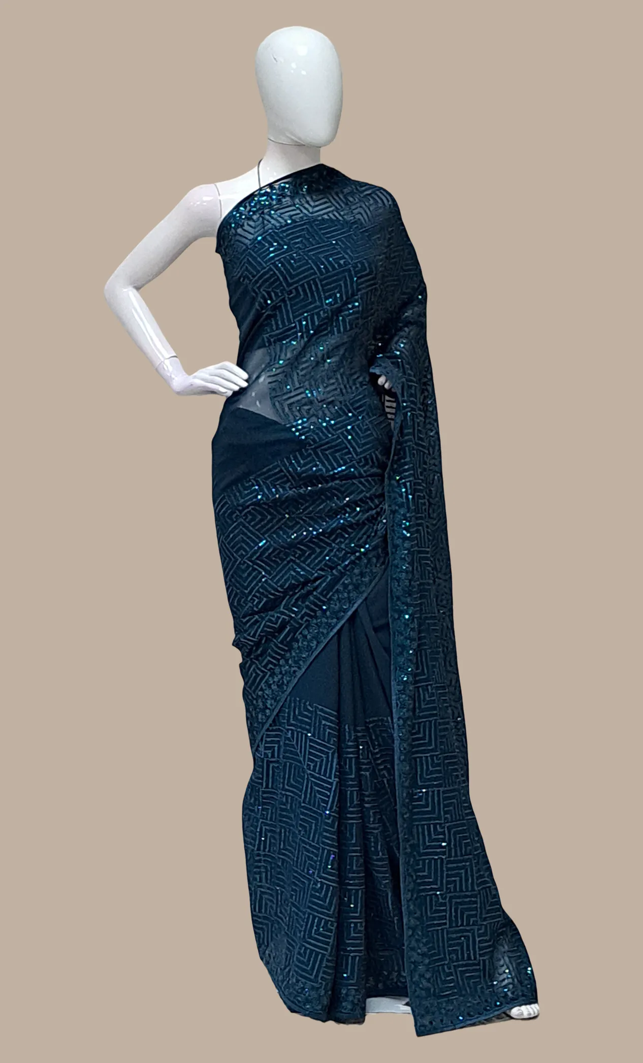 Dark Teal Sequin Embroidered Sari