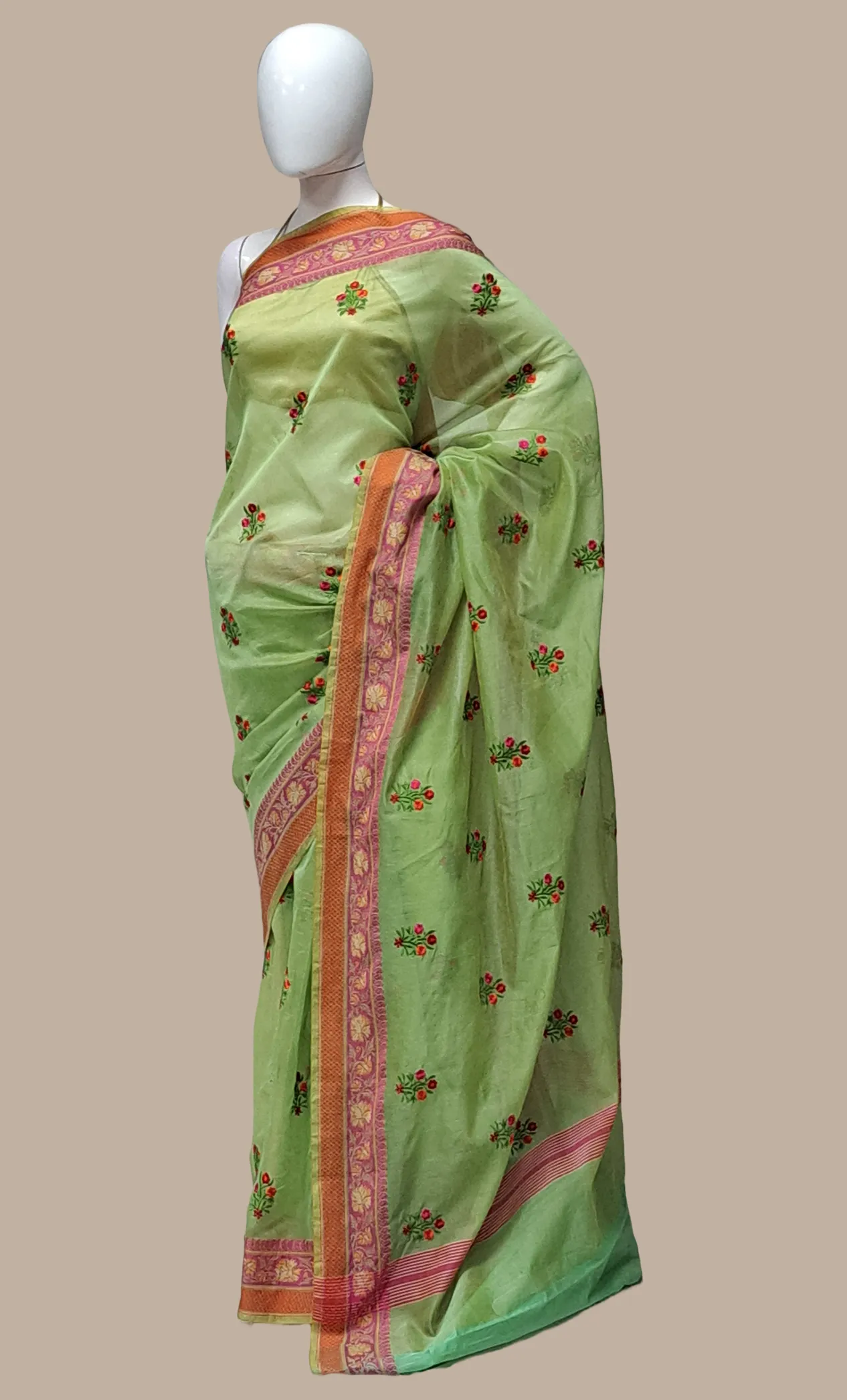 Deep Mint Green Embroidered Cotton Sari
