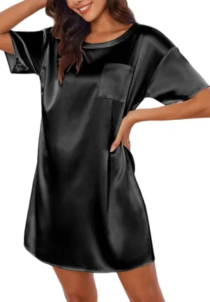 Ekouaer Silk Sleep Shirts for Women Satin Nightshirt Tshirt Nightgown Sleepwear Shirt Dress With Chest Pocket S-2XL