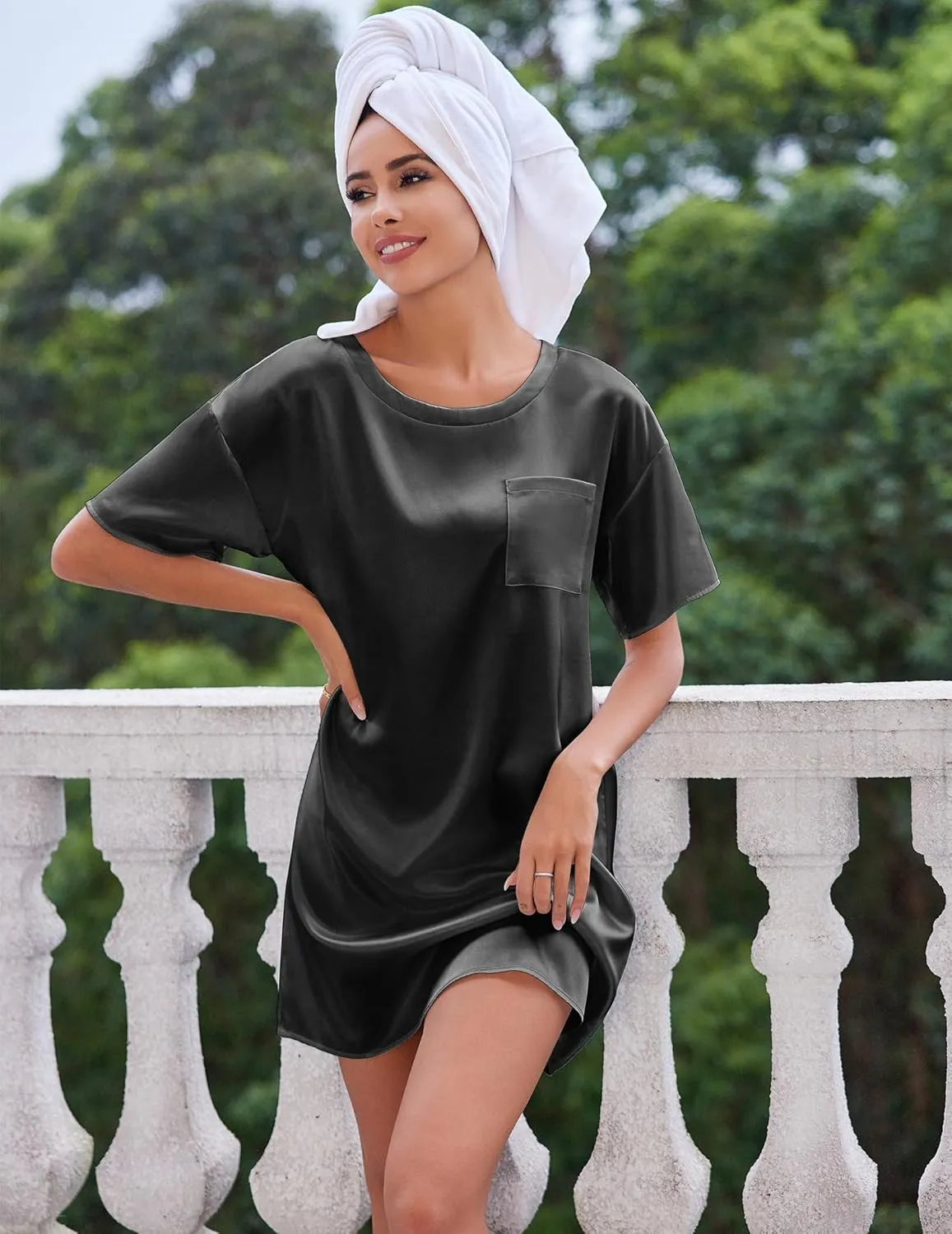 Ekouaer Silk Sleep Shirts for Women Satin Nightshirt Tshirt Nightgown Sleepwear Shirt Dress With Chest Pocket S-2XL