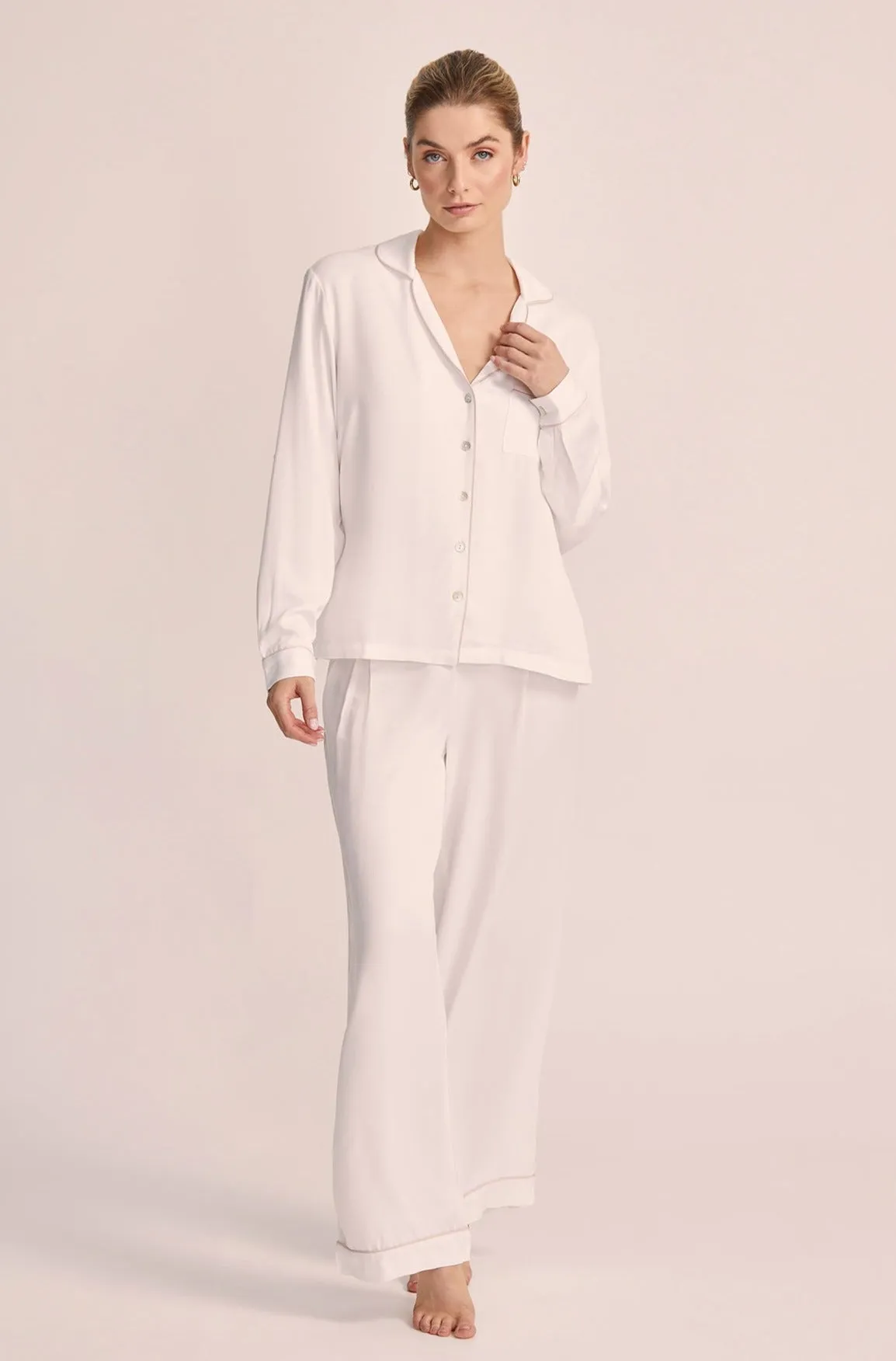 Eva Lounge Tencel™ Pyjama Set - White with Blush Piping