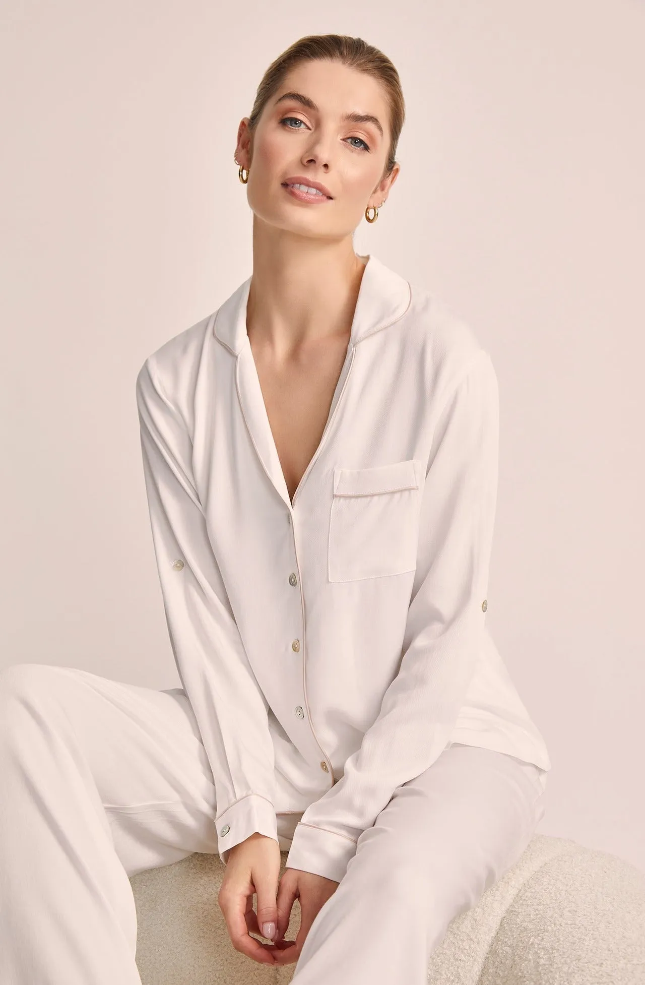 Eva Lounge Tencel™ Pyjama Set - White with Blush Piping