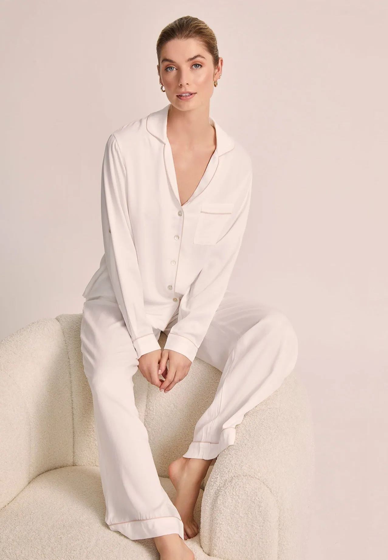 Eva Lounge Tencel™ Pyjama Set - White with Blush Piping