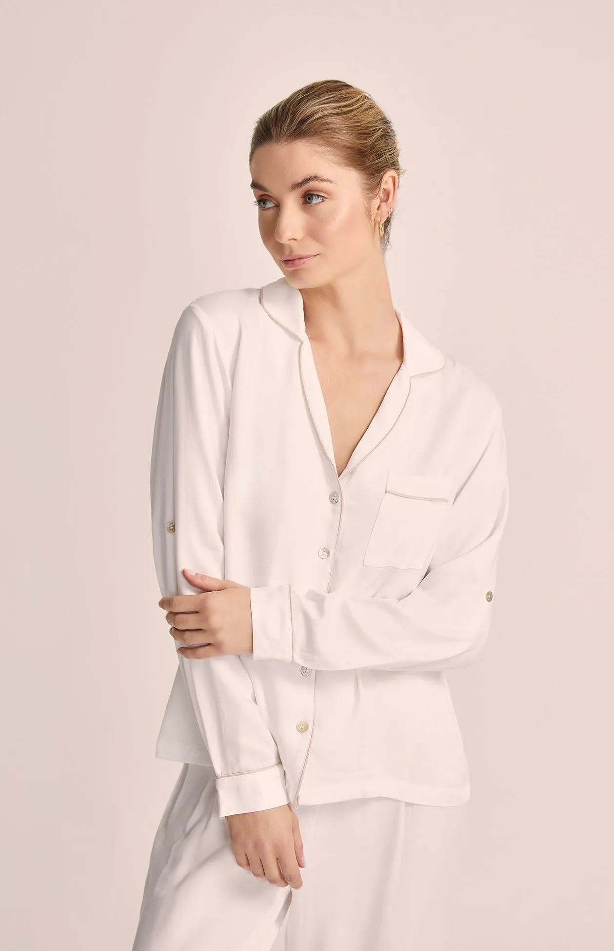Eva Lounge Tencel™ Pyjama Set - White with Blush Piping