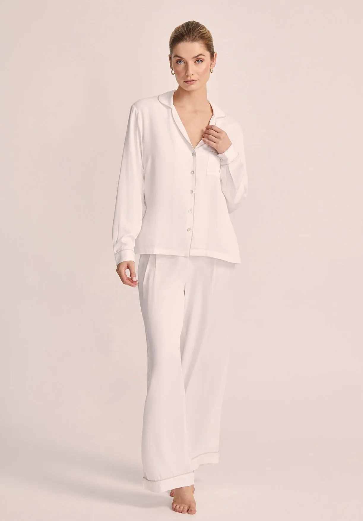 Eva Lounge Tencel™ Pyjama Set - White with Blush Piping