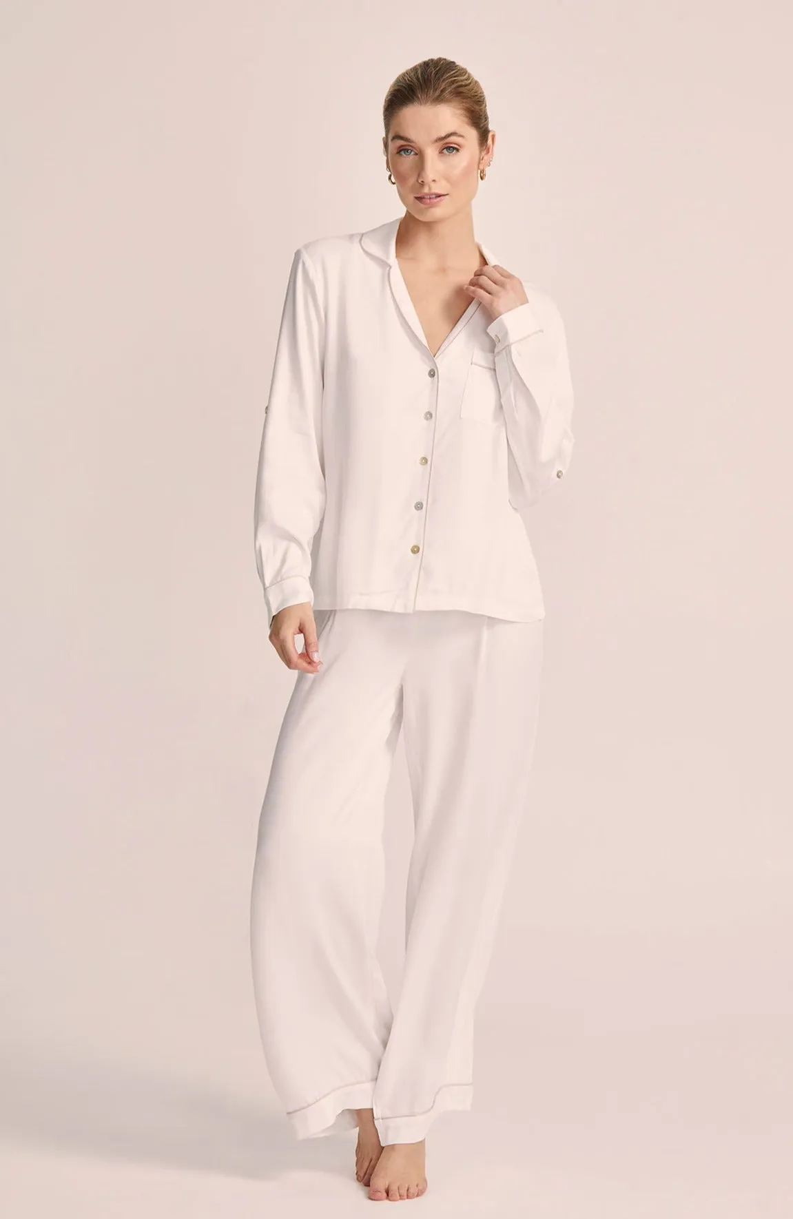Eva Lounge Tencel™ Pyjama Set - White with Blush Piping