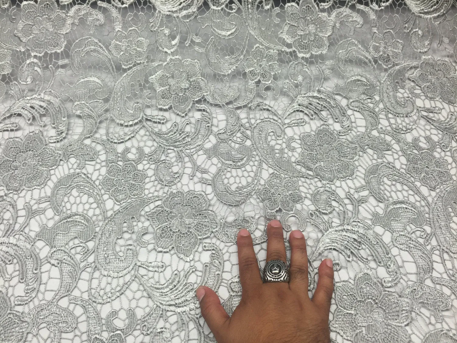 Fascinating gray light weight guipure design-prom-nightgown-decorations-apparel-dresses-fashion-sold by the yard.
