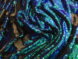 Green iridescent-matt black sequin mermaid fish scales- 2 way stretch lycra-2 tone flip flop sequins-prom-nightgown-decorations-sold by yard