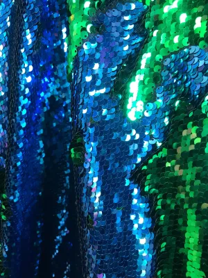 Green-turquoise shiny mermaid sequins embroider on a 2 way Stretch spandex-apparel-fashion-nightgown-decorations-sold by the yard.