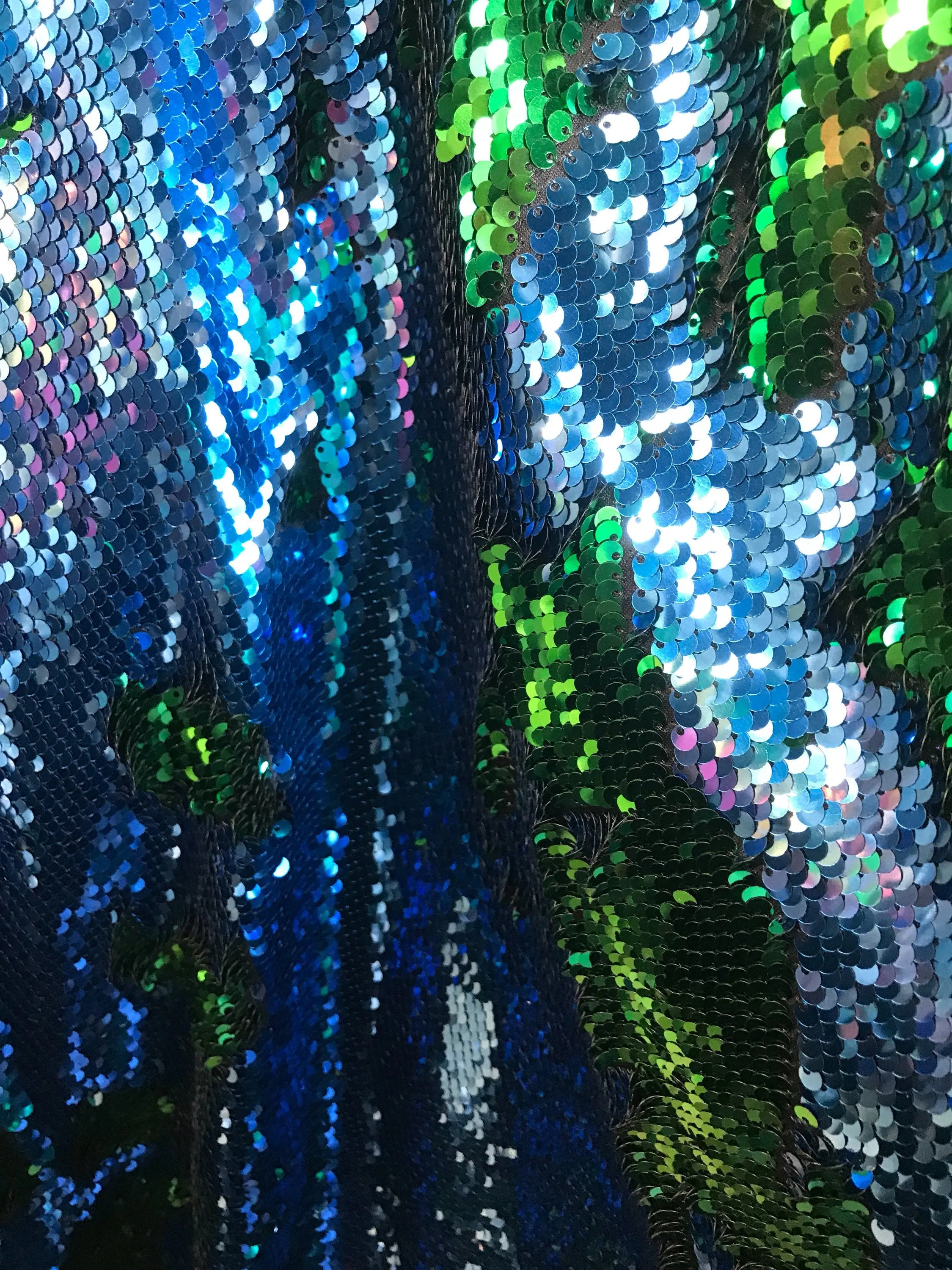Green-turquoise shiny mermaid sequins embroider on a 2 way Stretch spandex-apparel-fashion-nightgown-decorations-sold by the yard.