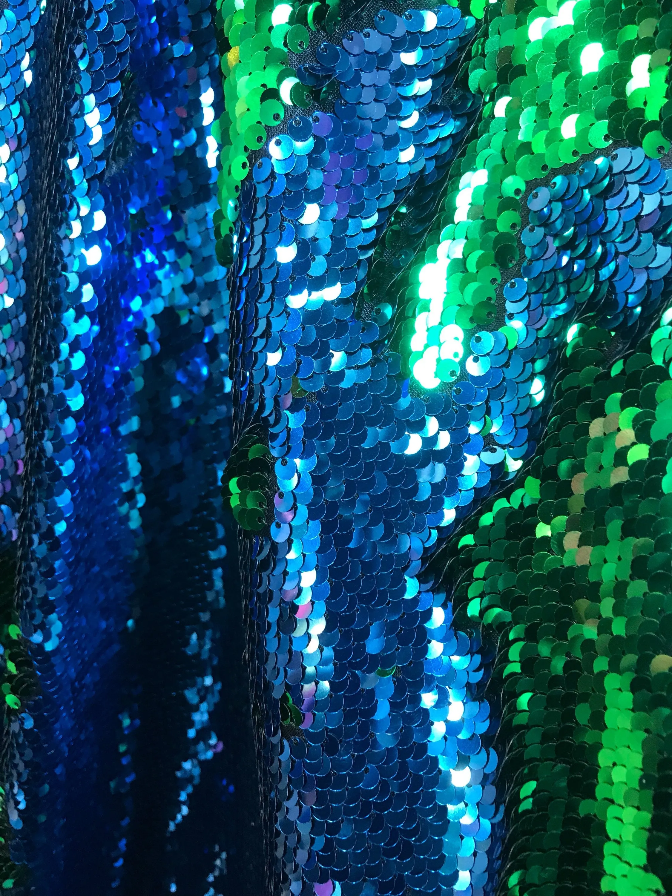 Green-turquoise shiny mermaid sequins embroider on a 2 way Stretch spandex-apparel-fashion-nightgown-decorations-sold by the yard.