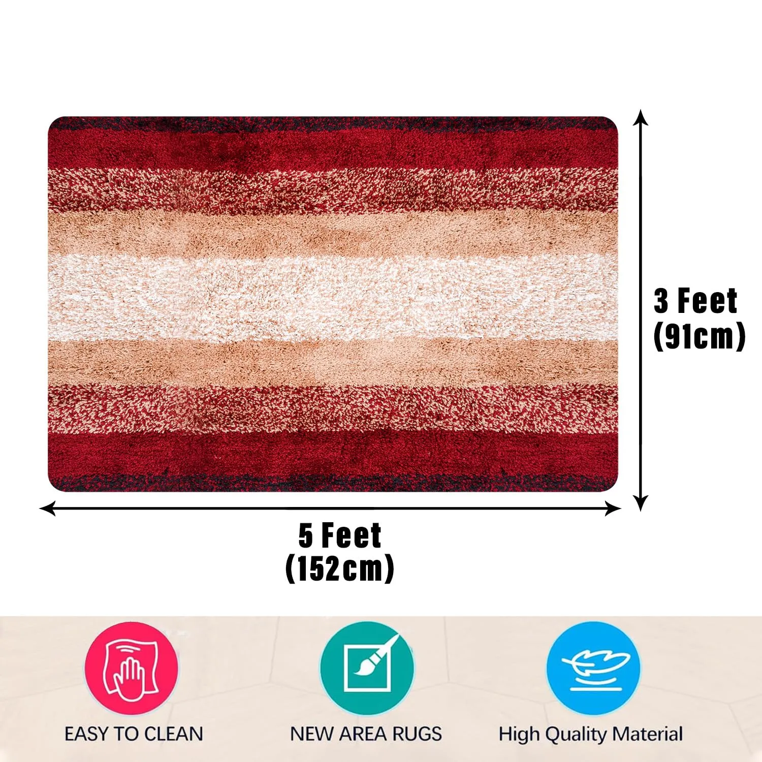 Heart Home Carpet | Shaggy Carpet for Living Room | Fluffy Carpet for Bedroom | Maroon Patta Rainbow Carpet | Floor Carpet Rug | Non-Slip Bedside Rug | 3x5 Feet | Cream