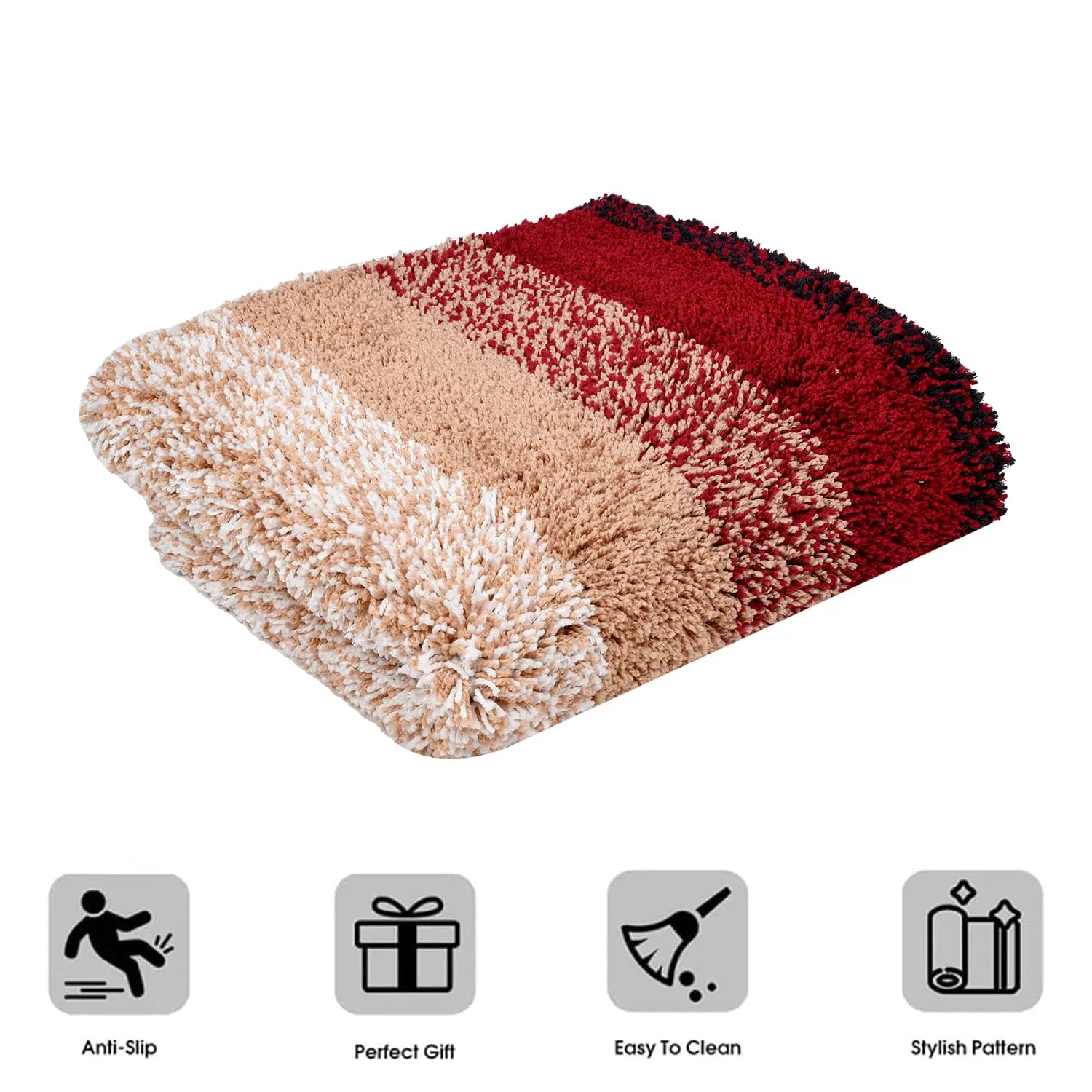 Heart Home Carpet | Shaggy Carpet for Living Room | Fluffy Carpet for Bedroom | Maroon Patta Rainbow Carpet | Floor Carpet Rug | Non-Slip Bedside Rug | 3x5 Feet | Cream