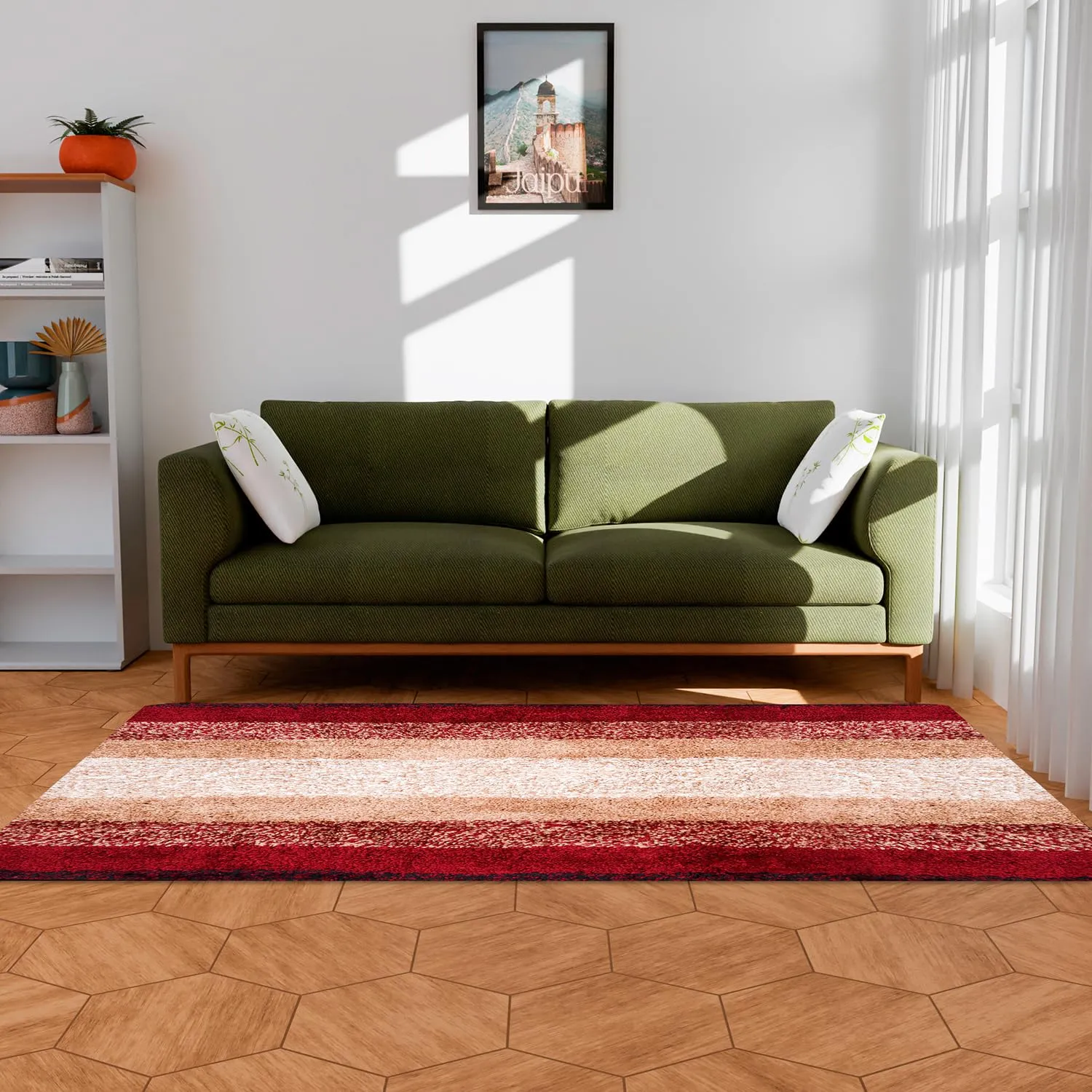 Heart Home Carpet | Shaggy Carpet for Living Room | Fluffy Carpet for Bedroom | Maroon Patta Rainbow Carpet | Floor Carpet Rug | Non-Slip Bedside Rug | 3x5 Feet | Cream
