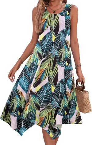 HOTOUCH Women's Casual Summer Dress Sleeveless Sundress Hankerchief Hem Midi Tank Dresses Beach Dress with Pockets