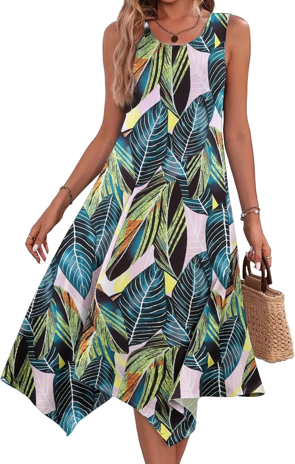 HOTOUCH Women's Casual Summer Dress Sleeveless Sundress Hankerchief Hem Midi Tank Dresses Beach Dress with Pockets