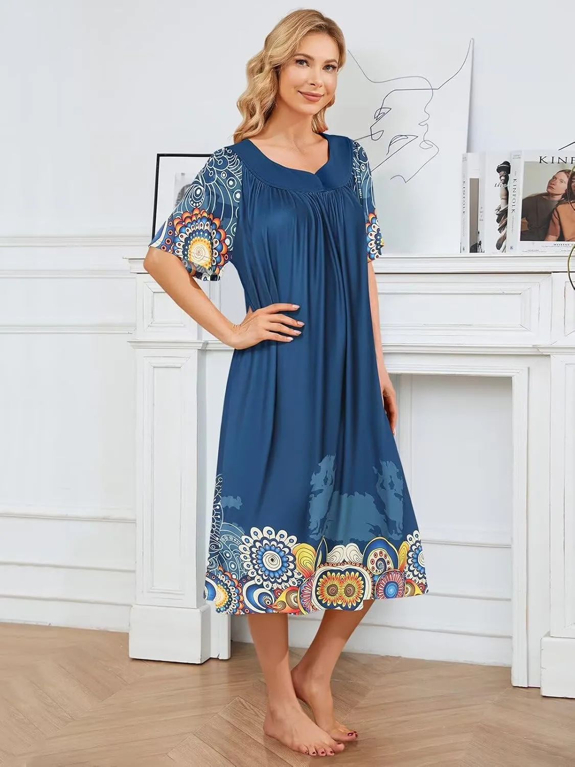 House Dresses for Women with Pockets Moo Moo Nightgown Short Sleeve Mumu Dress Lounge Dress S-3XL