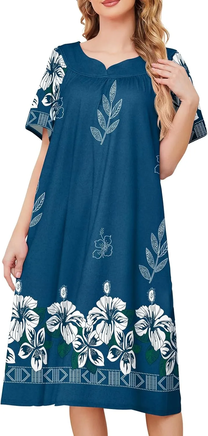 House Dresses for Women with Pockets Moo Moo Nightgown Short Sleeve Mumu Dress Lounge Dress S-3XL