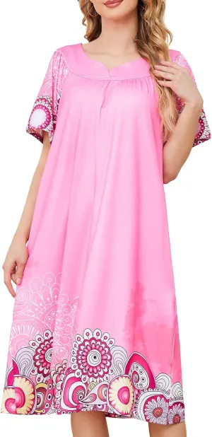 House Dresses for Women with Pockets Moo Moo Nightgown Short Sleeve Mumu Dress Lounge Dress S-3XL
